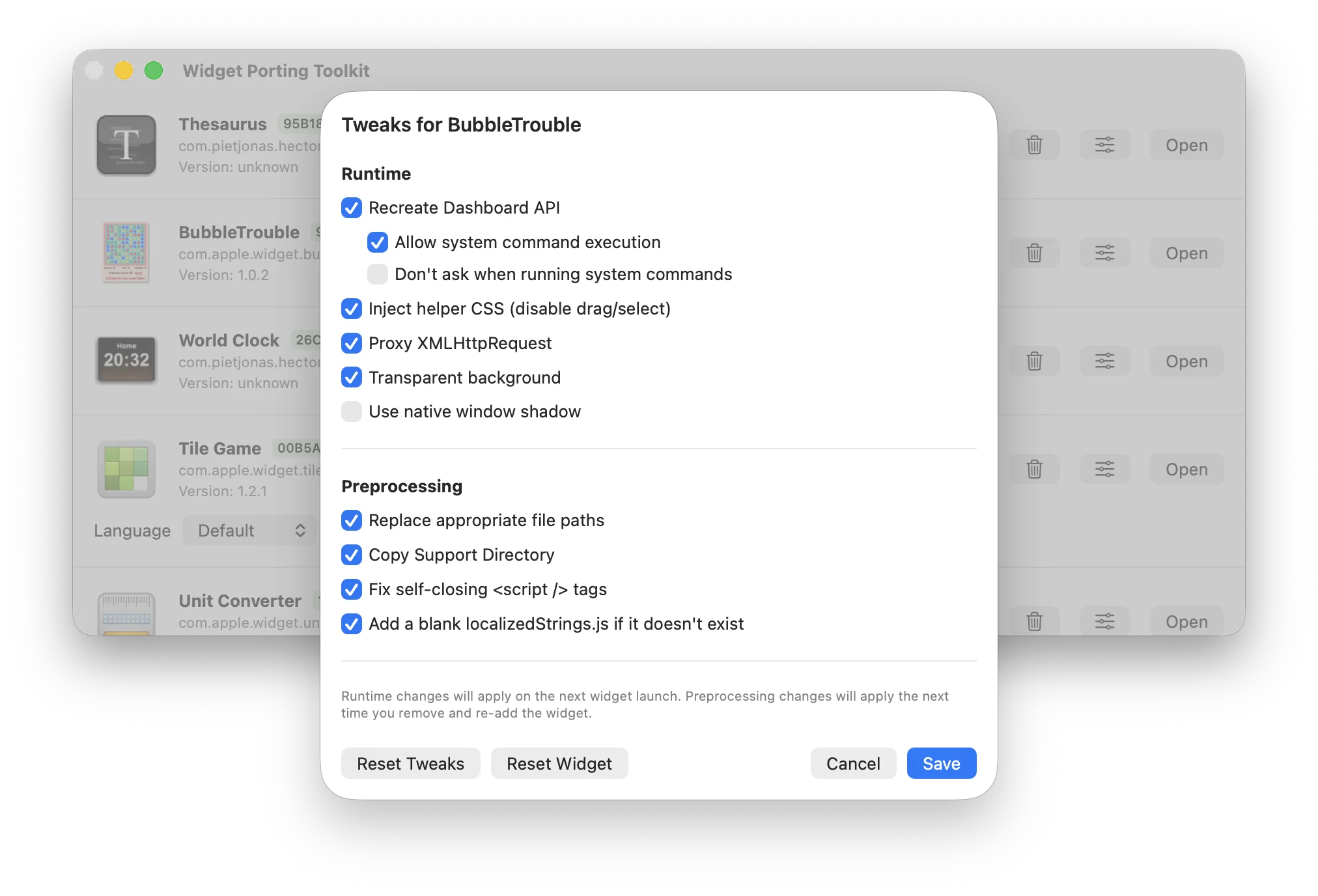 Tweaks list