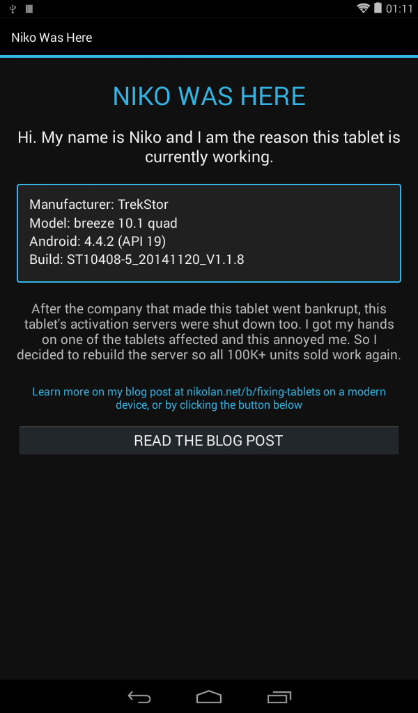 The Niko Was Here app explaining why the tablet works again and linking to the blog post