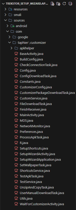 The decompiled TrekStor Setup Wizard sources, including WaitForCustomizerActivity.java